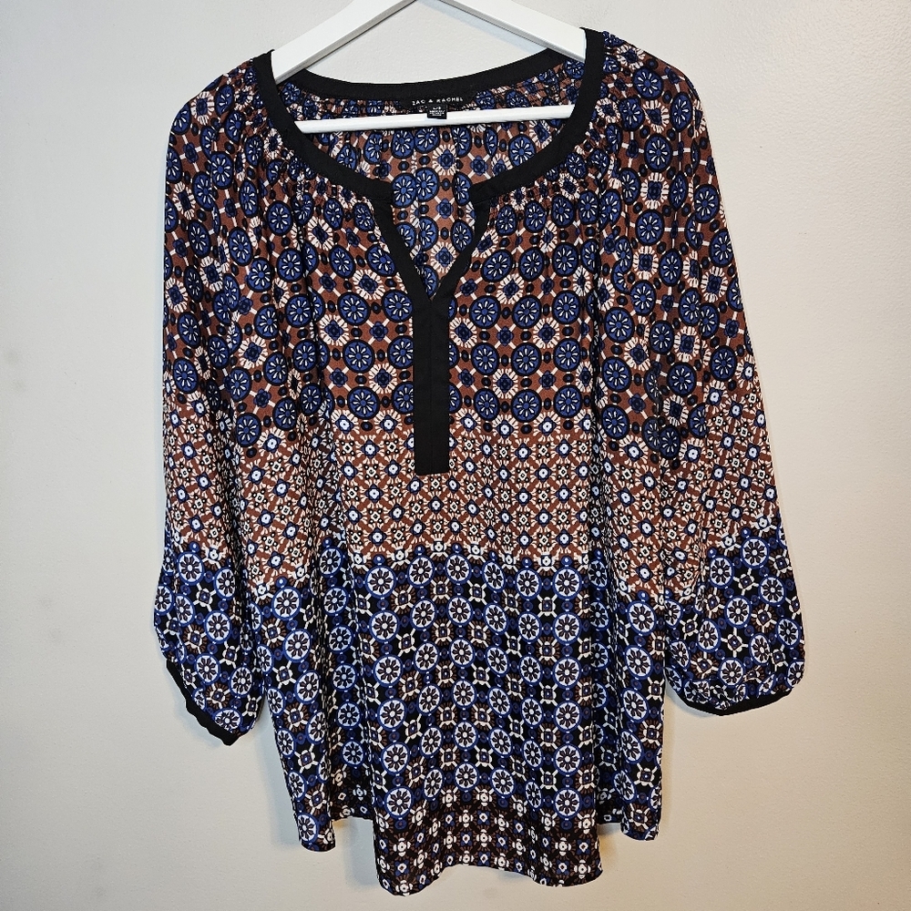 Zac & Rachel Women's Patterned Top Blue Brown Boho Lightweight Tunic Blouse - Picture 10 of 10